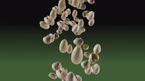 Falling of Roasted Pistachios in Dark Green Background