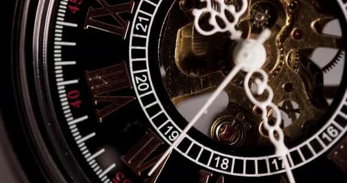 Close-Up of Golden Pocket Watch Mechanism Ticking