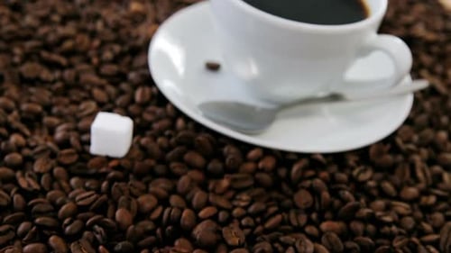 Coffee Cup with Sugar and Beans Close Up