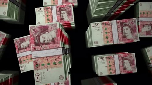 Flight over the Pound Sterling money banknote packs loop animation