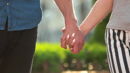 Couple Holding Hands in Sunny Green Park