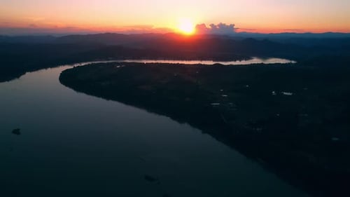 4K Flight Through Landscape River. Sunset landscape
