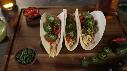 Chicken Tacos with Jalapenos on Wooden Board