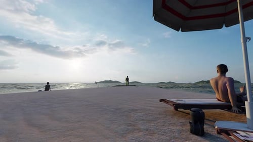 Serene Beach Dolly Shot with Distant Ocean and Sunrise