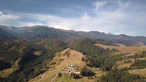 Aerial View of Autumn Mountain Landscape with Evergreen Pine Trees and Yellow Fall Forest with