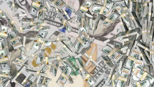 Bundles of US Dollar Bills Falling and Piling Up