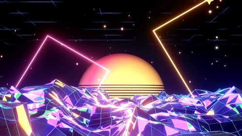 Neon Retro Futuristic Landscape with Glowing Grid and Sun