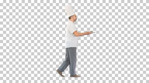 Chef walking fast with pizza, Alpha Channel
