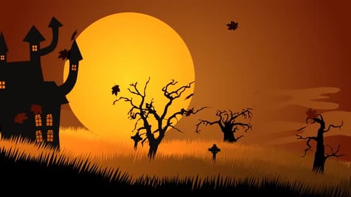 An autumn night with witches flying on the brommsticks on the haunted graveyard.