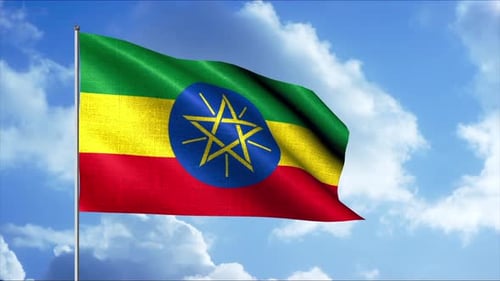 Ethiopian Flag Waving Realistically in Blue Sky Background Loop