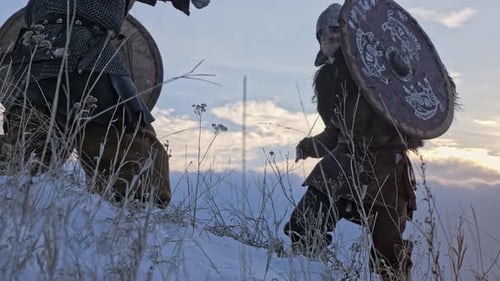 Two viking are fighting with axes and shields on the winter meadow