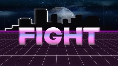 Retro 80s Synthwave City Grid with Dynamic Text Reveal