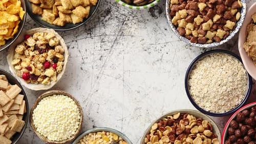 Variety of Breakfast Cereals in Bowls, Flat Lay