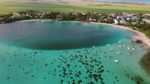 View From the Height of the Beautiful Blue Bay Beach with Boats on the Island of Mauritius in the