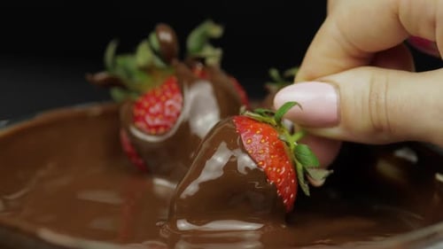 Hand Dipping Strawberry in Melted Chocolate. Fresh Berries Sweet Dessert Food