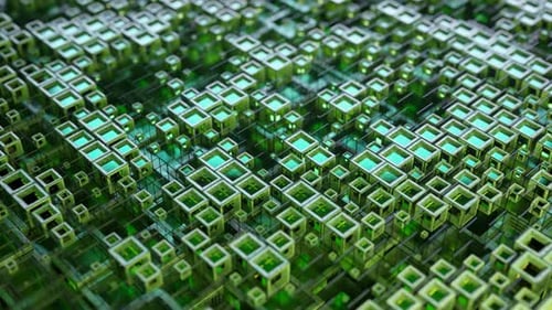 Abstract Futuristic Green Cubes Digital Grid Motion Background