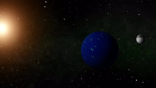 Space travel to a mostly water planet with a pale moon and yellow sun and green nebula in the backgr