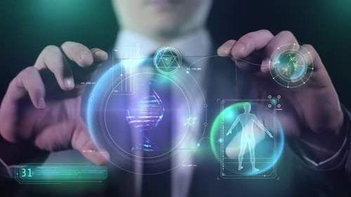 Futuristic Medical UI Hologram Display with DNA and Human Scan