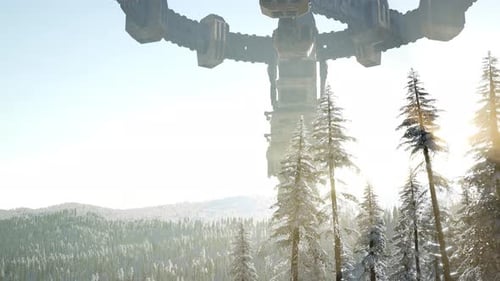 UFO Hovering Over a Forest at Sunset with Light Beam