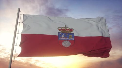 Realistic Waving Flag with Coat of Arms Against Sky
