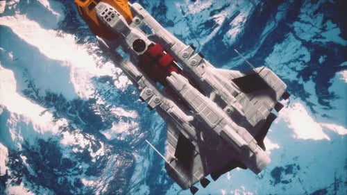 Futuristic Spaceship Flying Above a Planet