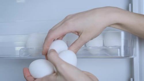 Hands Placing White Eggs in Refrigerator Holder