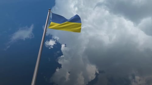 Ukrainian Flag Waving in Realistic 3D Animation Against Cloudy Sky