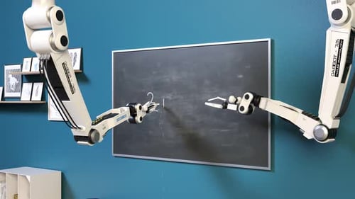Sci-fi concept of the advanced futuristic robot writing simple math equation.