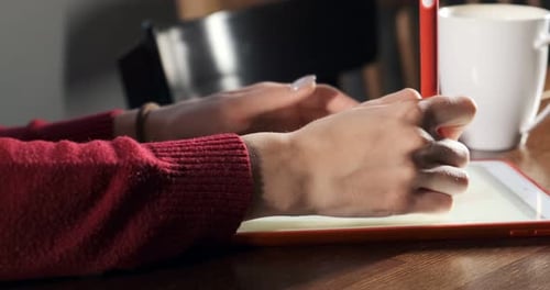 Close Up Female Designer Sitting and Working at Desk. Contemporary Young Woman Drawing and Using Pen