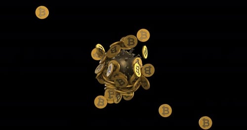 3D Animation of Bitcoin Coins Covering a Virus-like Sphere