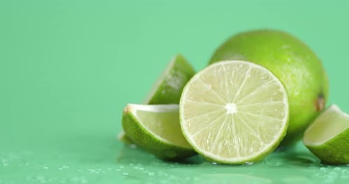Fresh Sliced Limes on a Light Green Surface