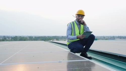 Engenheiro com painéis solares no telhado