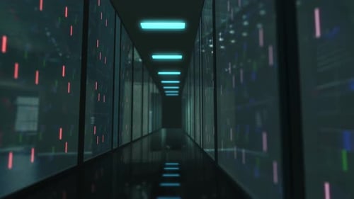 Animated Futuristic Data Center Corridor with Digital Information Flow