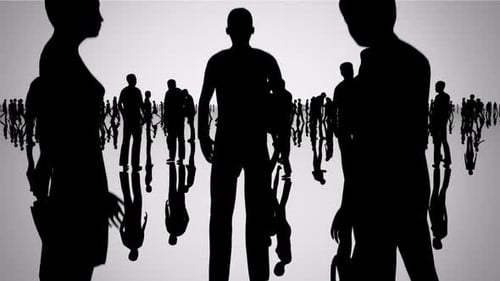 Silhouettes of a huge crowd of people. Big city life. Rising-up camera position.