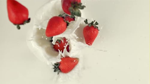 La Cámara lenta de la fragante fresa cae con salpicaduras en la leche