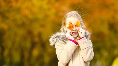 Retrato de una niña adorable al aire libre en un hermoso día cálido con una hoja amarilla en otoño