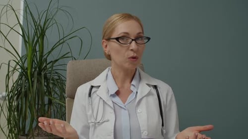 Female Doctor in Eyeglasses Making Online Video Call Web Camera View