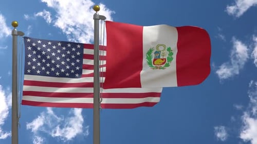Waving United States and Peruvian Flags on Clear Blue Sky