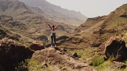 Gorgeous Woman With Arms Raised Admiring the Trees and View of the Valley