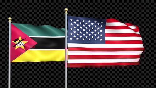 Waving Flags of Mozambique and USA on Alpha Channel