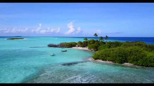 Aerial top view tourism of tranquil lagoon beach adventure by turquoise sea and white sandy backgrou