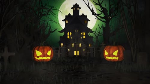 Spooky Halloween Night: Haunted House Animation with Flying Bats and Pumpkins