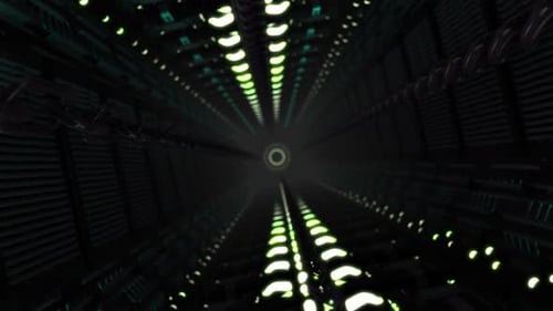 Flying Through Futuristic Dark Tunnel with Green Lights