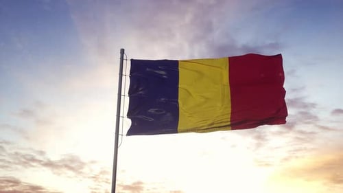 Realistic Flag of Romania Waving at Sunset