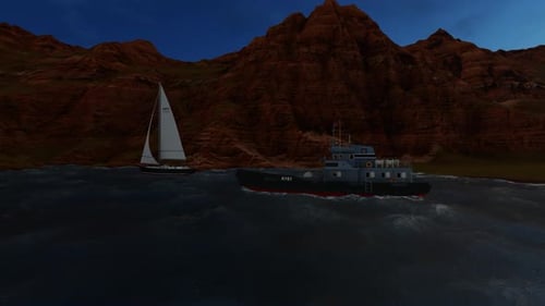 3D Animated Night Ocean Scene with Sailing Boat and Mountain Landscape