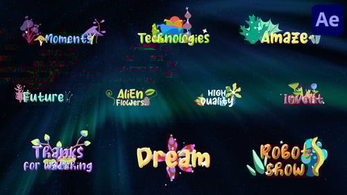 Vibrant Animated Titles with Whimsical Alien Flowers and Futuristic Elements