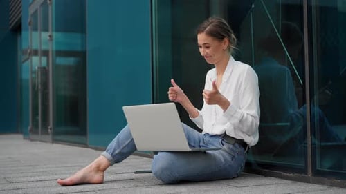 Businesswoman Successful Woman Business Person Standing Outdoor Corporate Building Exterior. Pensiv