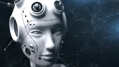 robot head shot in three-quarter . robot watching what is happening