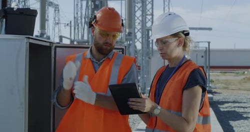 Engineers Checking Transformer Box on Power Plant