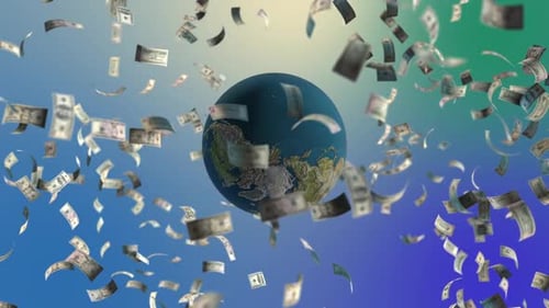 Global Economy Concept with Falling Money Around Spinning Earth